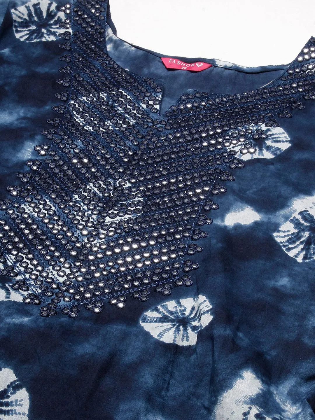 Abstract Tie-Dye Texture Printed Mirror & Resham Embroidered Kurta With Pants - Navy Blue