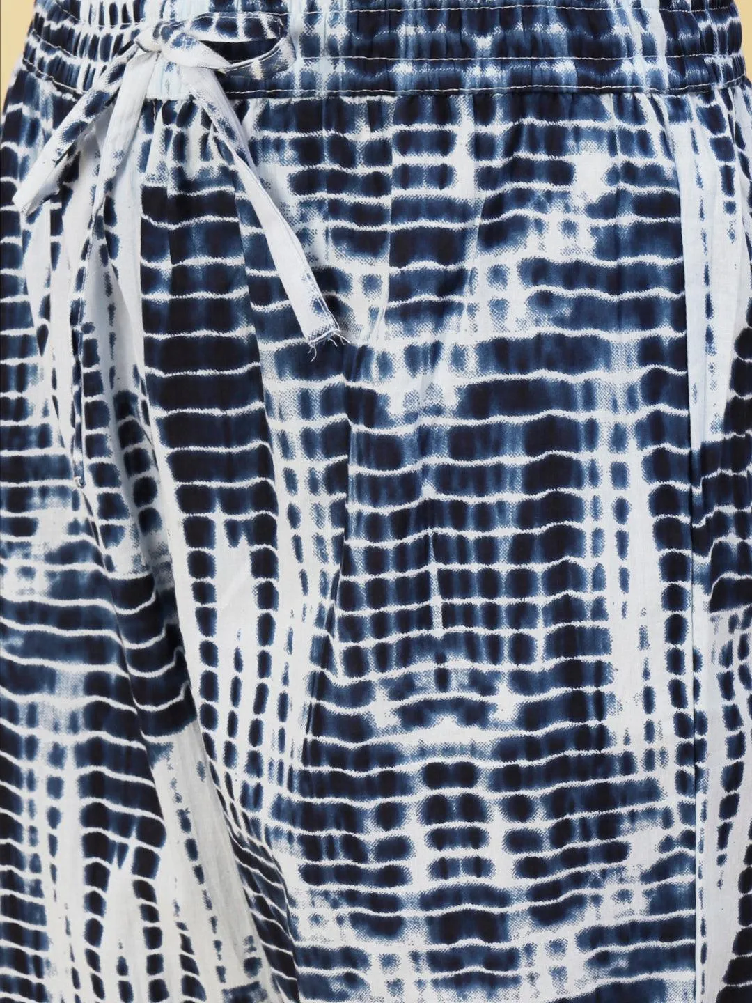 Abstract Tie-Dye Texture Printed Mirror & Resham Embroidered Kurta With Pants - Navy Blue