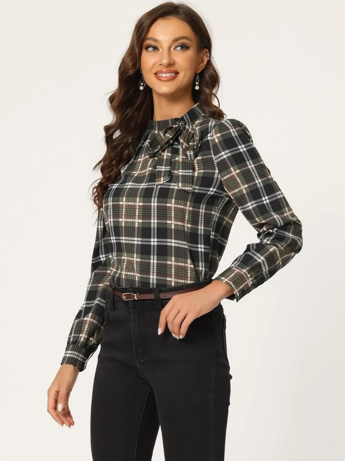Allegra K Women's Tie Front Tops Long Sleeve Dressy Elegant Bow Neck Shirt