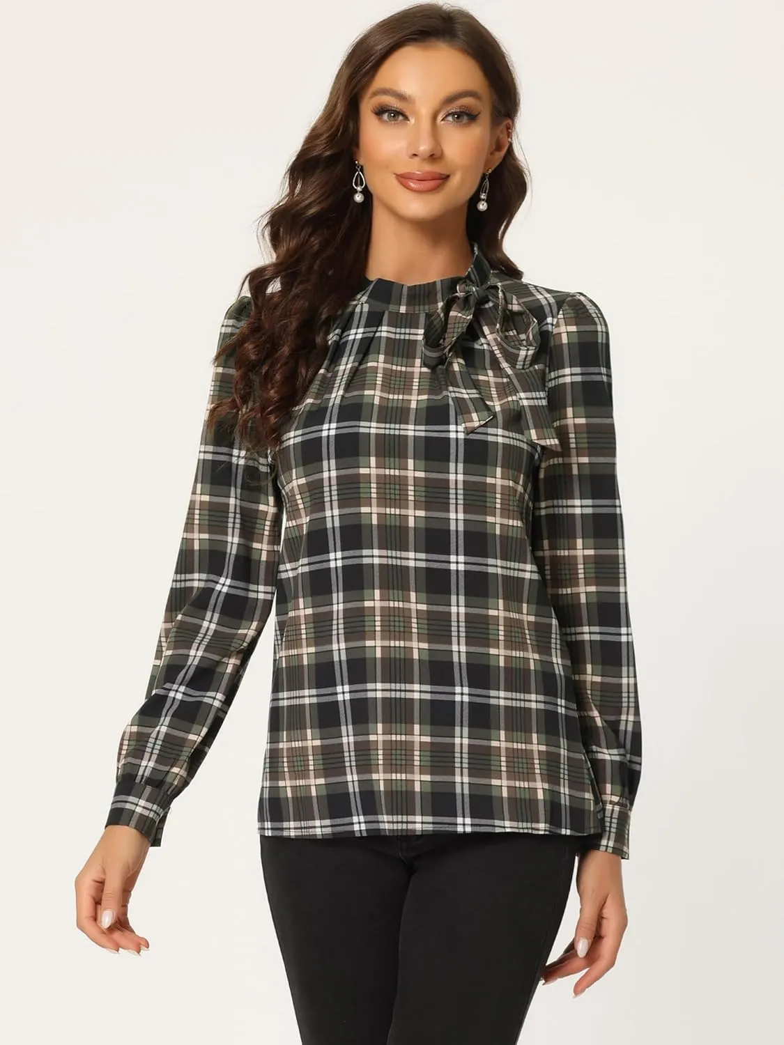 Allegra K Women's Tie Front Tops Long Sleeve Dressy Elegant Bow Neck Shirt