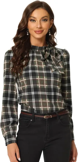 Allegra K Women's Tie Front Tops Long Sleeve Dressy Elegant Bow Neck Shirt