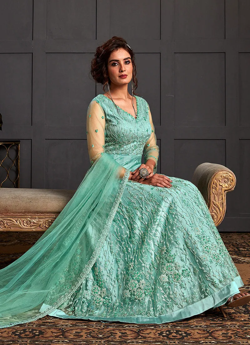 Aqua Blue Embroidery Designer Wedding Gown