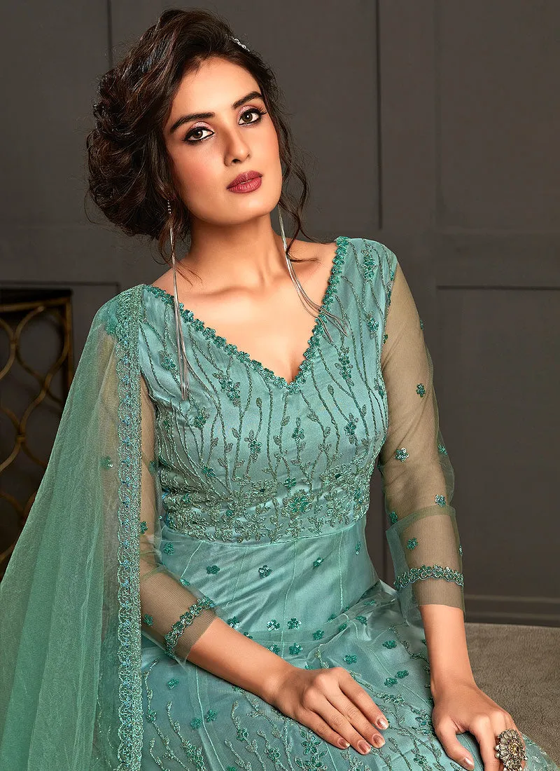 Aqua Blue Embroidery Designer Wedding Gown