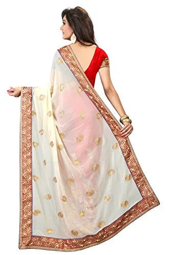 B Bella Creation Women's Georgette Saree (CREAM AND RED COLOUR BLUE YARN_Multi-Coloured_Free size)