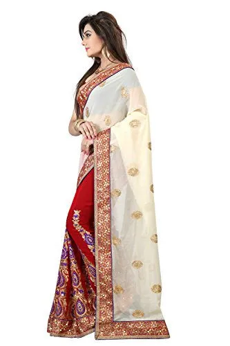 B Bella Creation Women's Georgette Saree (CREAM AND RED COLOUR BLUE YARN_Multi-Coloured_Free size)