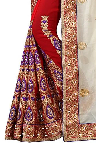 B Bella Creation Women's Georgette Saree (CREAM AND RED COLOUR BLUE YARN_Multi-Coloured_Free size)