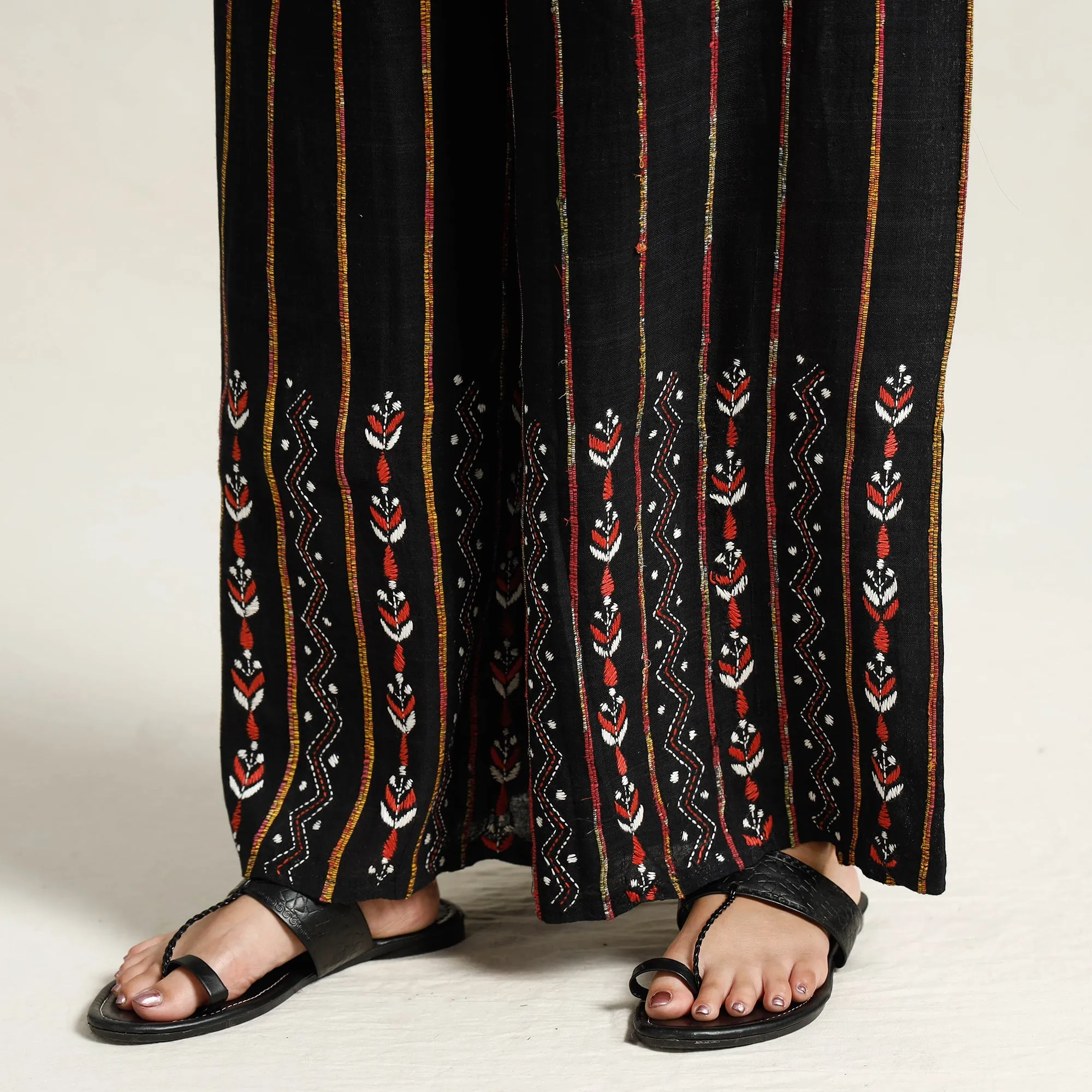 Black - Bengal Khesh Weaving Kantha Embroidery Cotton Palazzo 05
