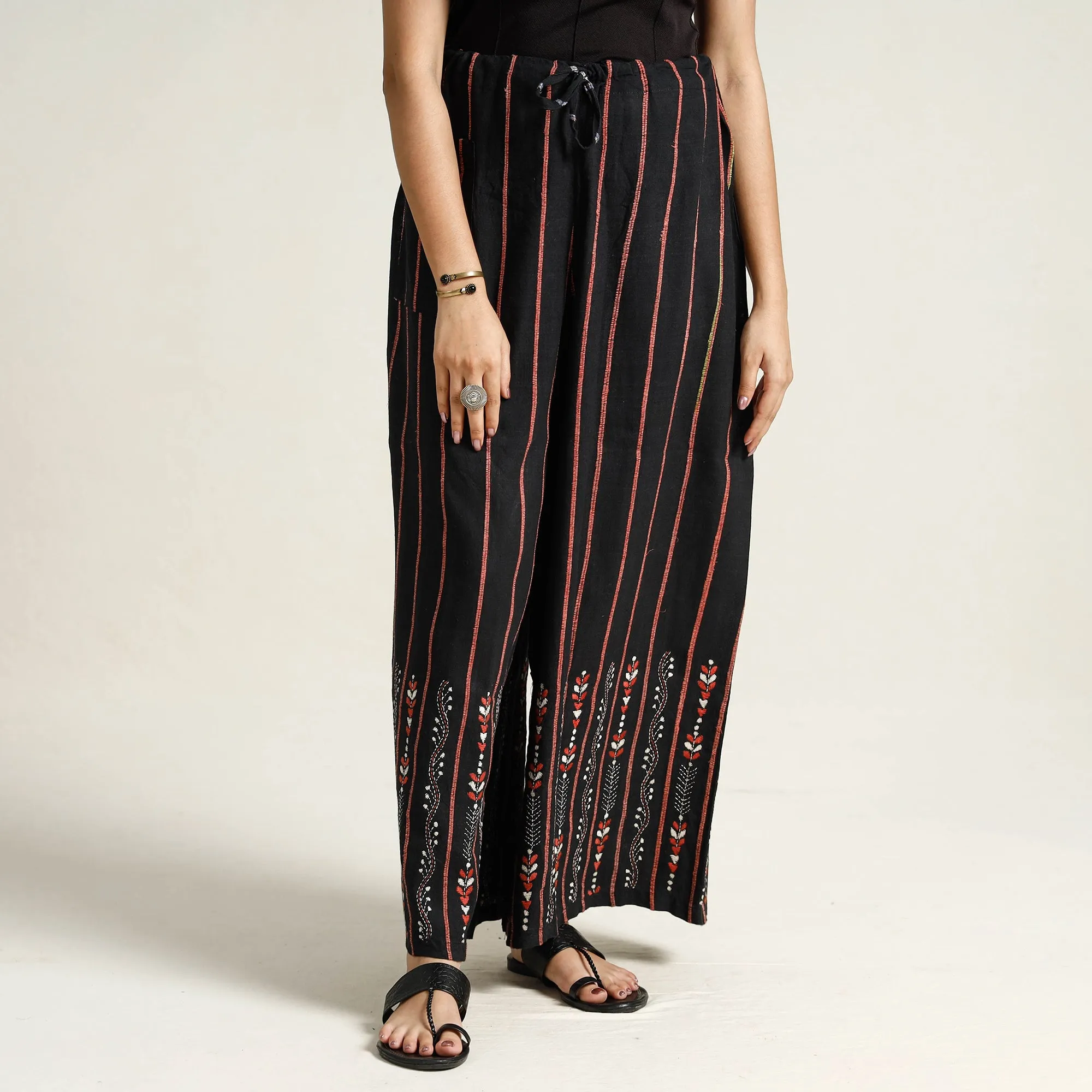 Black - Bengal Khesh Weaving Kantha Embroidery Cotton Palazzo 11