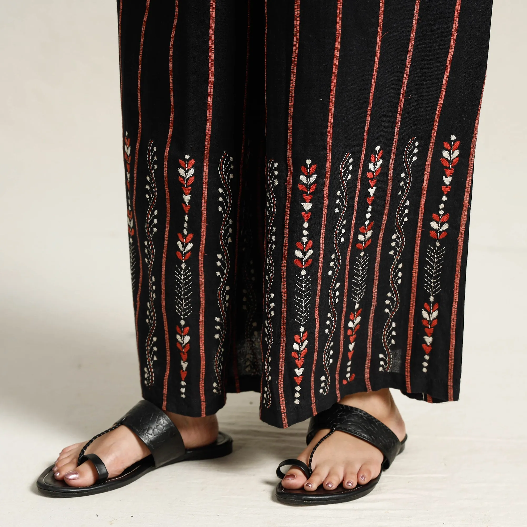 Black - Bengal Khesh Weaving Kantha Embroidery Cotton Palazzo 11