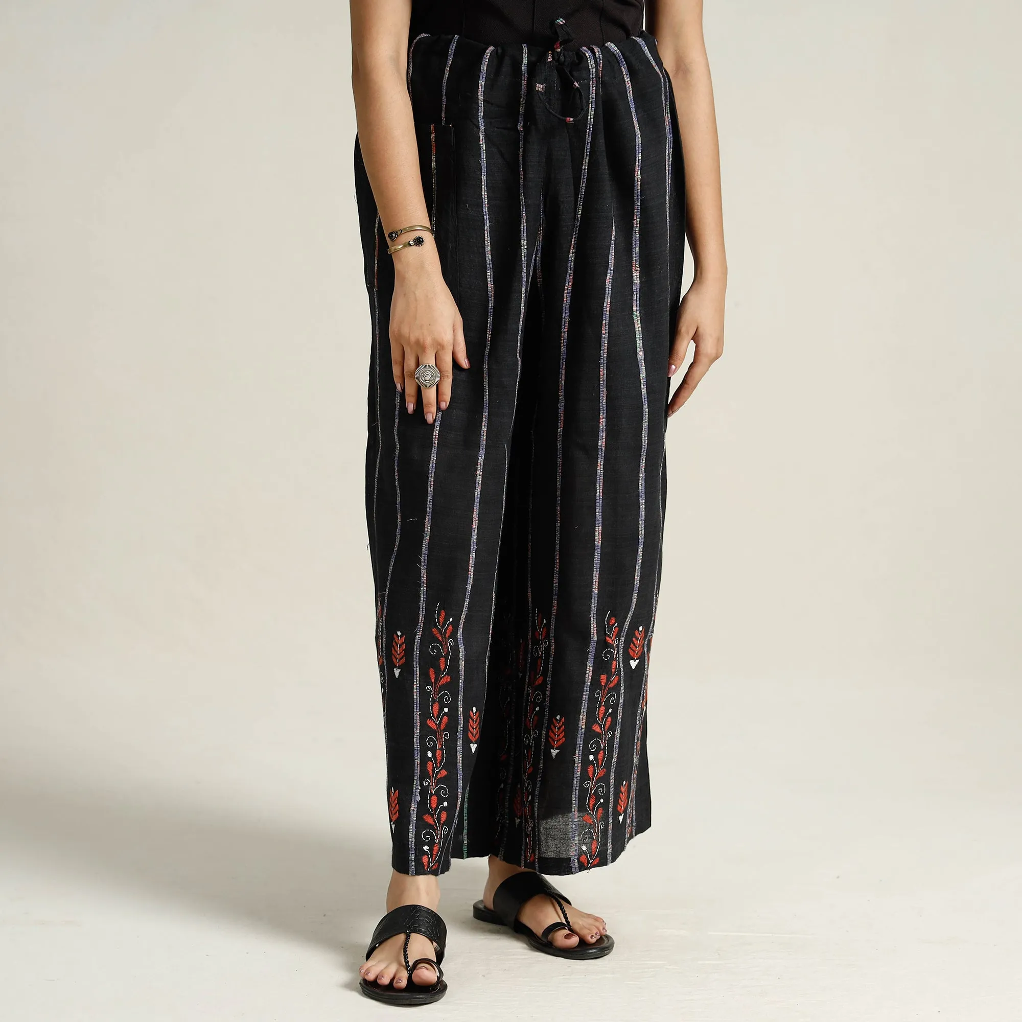 Black - Bengal Khesh Weaving Kantha Embroidery Cotton Palazzo 22