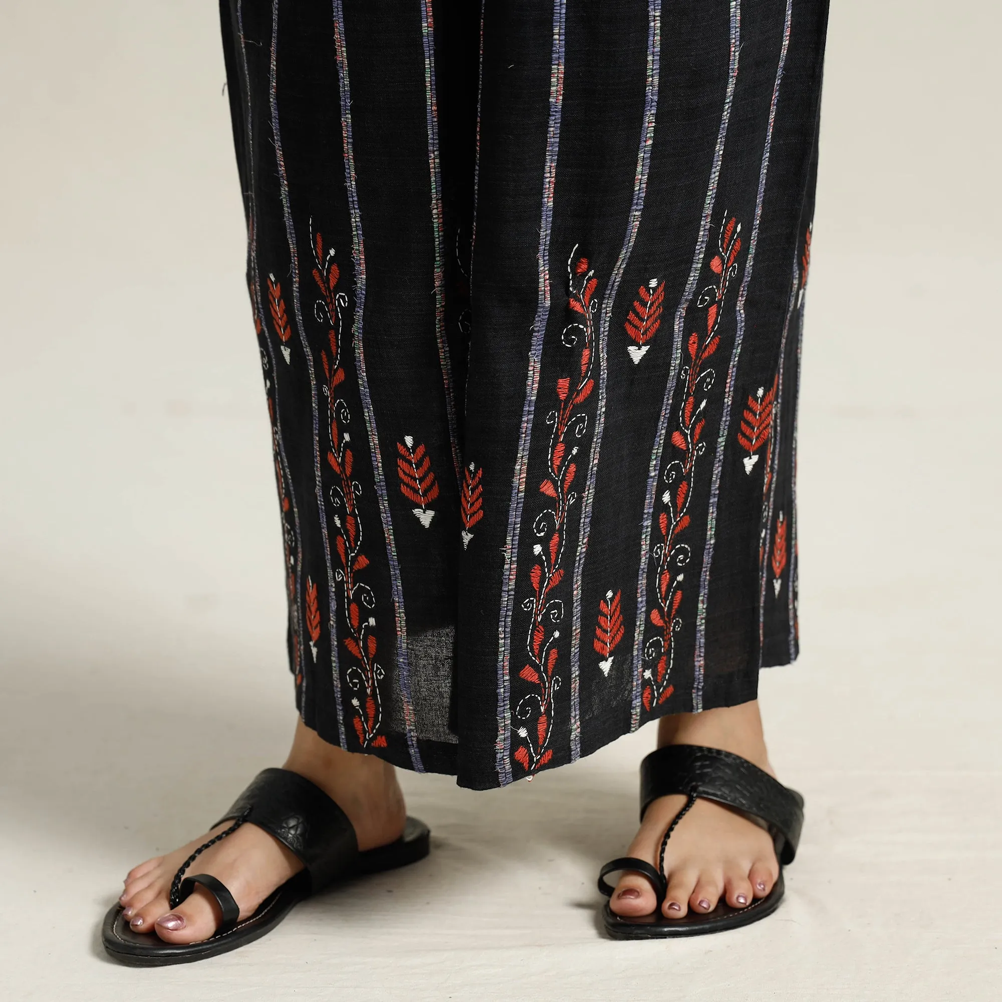 Black - Bengal Khesh Weaving Kantha Embroidery Cotton Palazzo 22