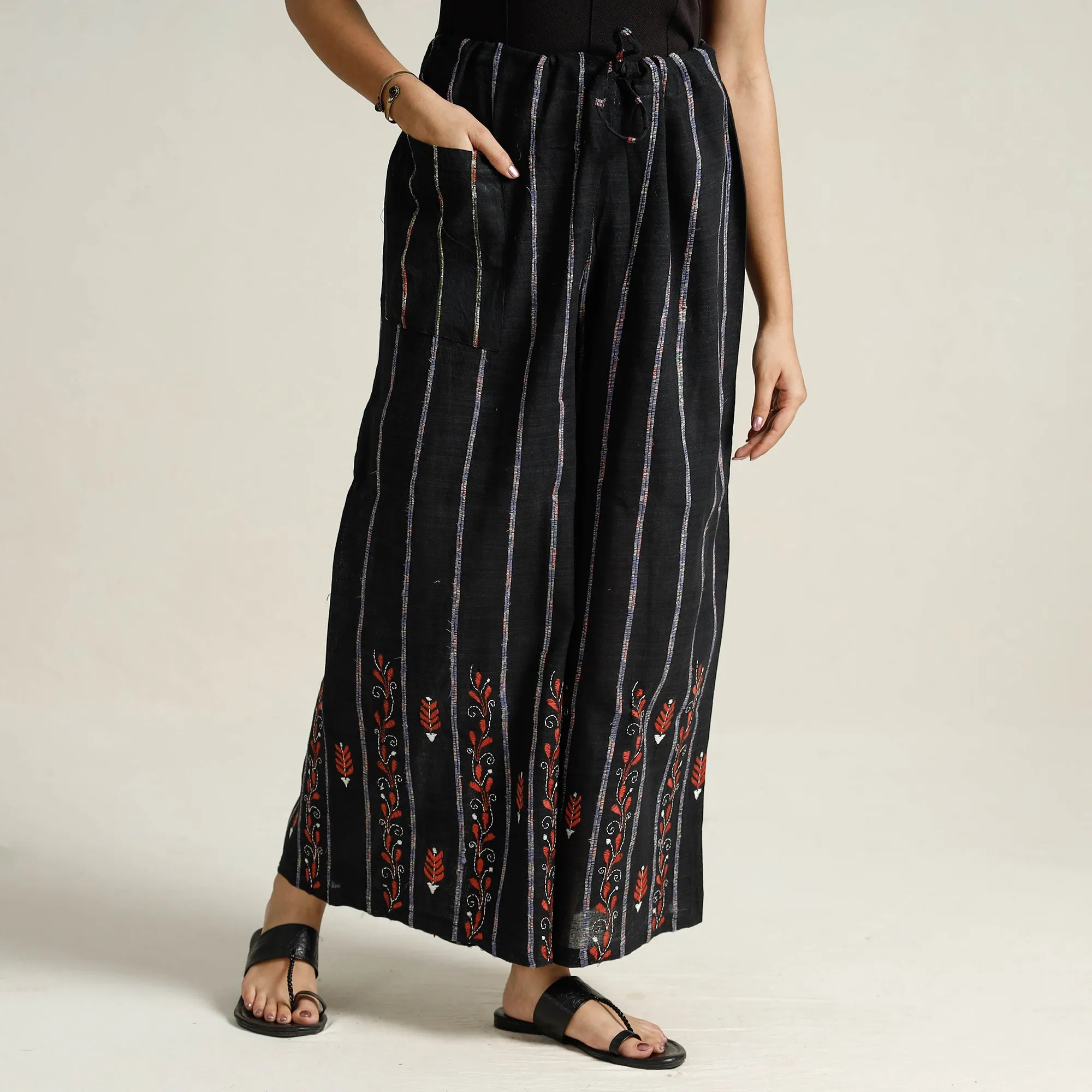 Black - Bengal Khesh Weaving Kantha Embroidery Cotton Palazzo 22