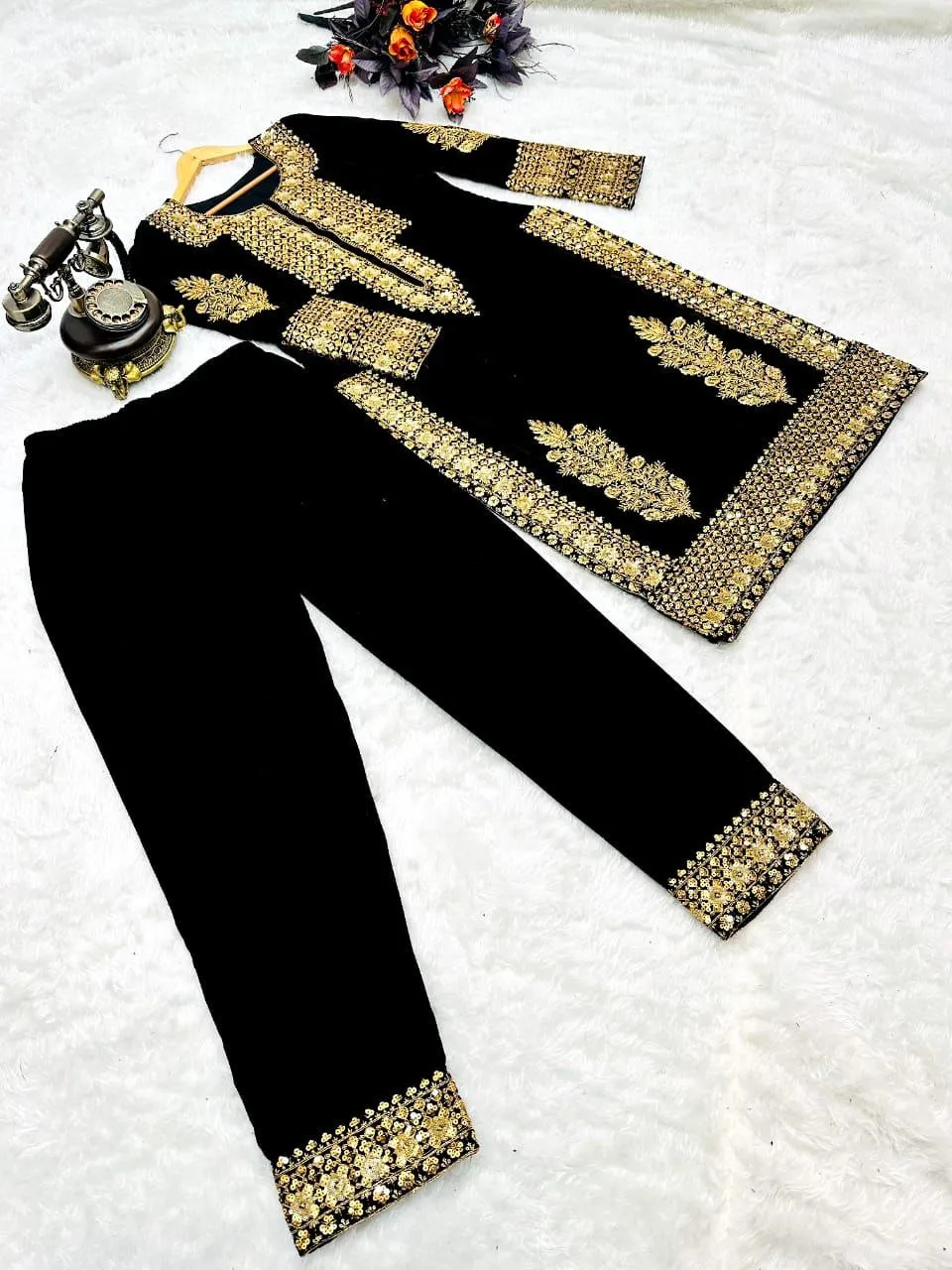 Black Salwar Suit in Velvet with Embroidery and Sequence Work