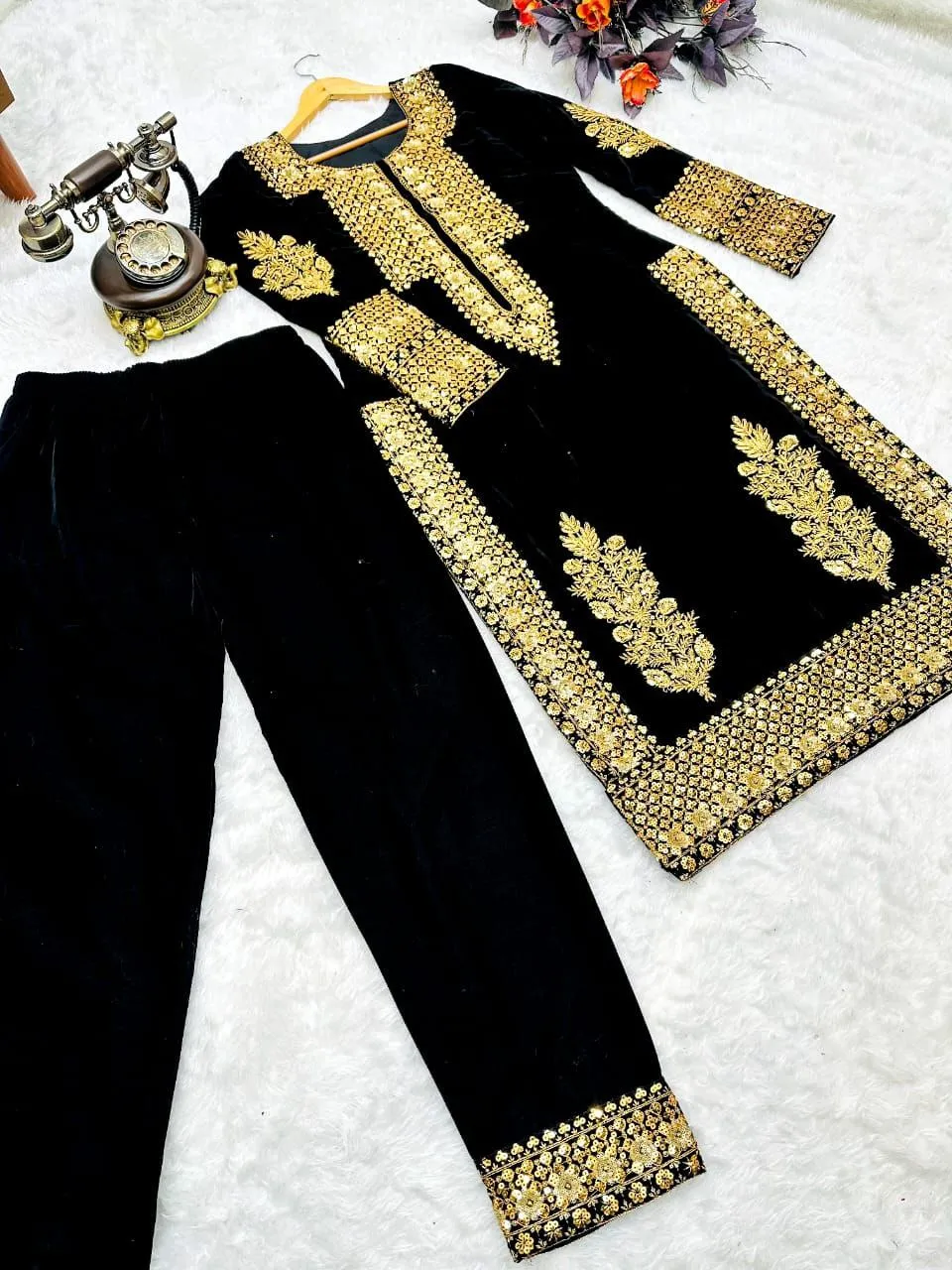 Black Salwar Suit in Velvet with Embroidery and Sequence Work
