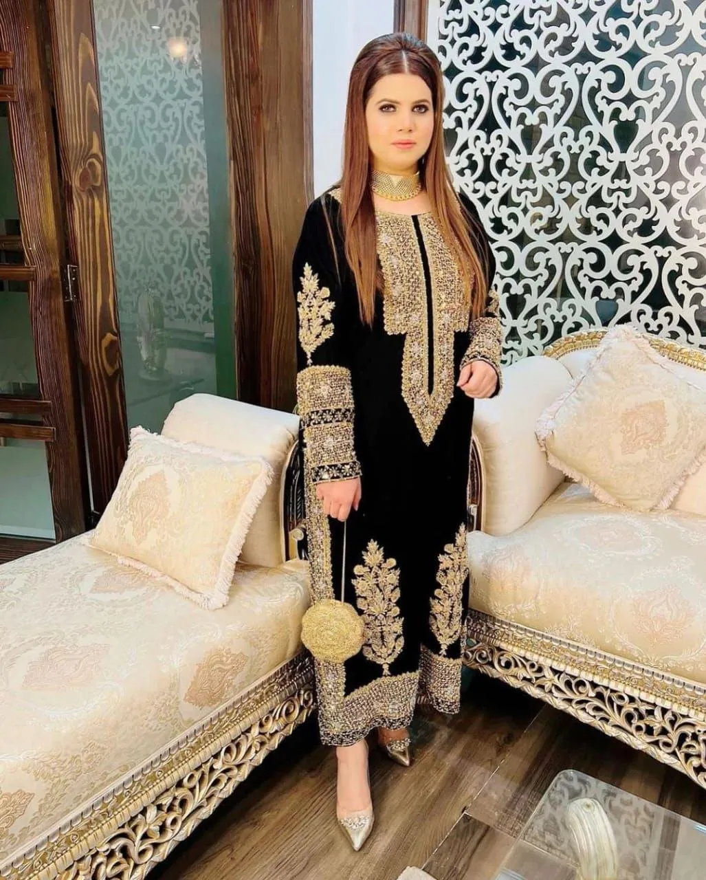 Black Salwar Suit in Velvet with Embroidery and Sequence Work