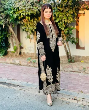 Black Salwar Suit in Velvet with Embroidery and Sequence Work