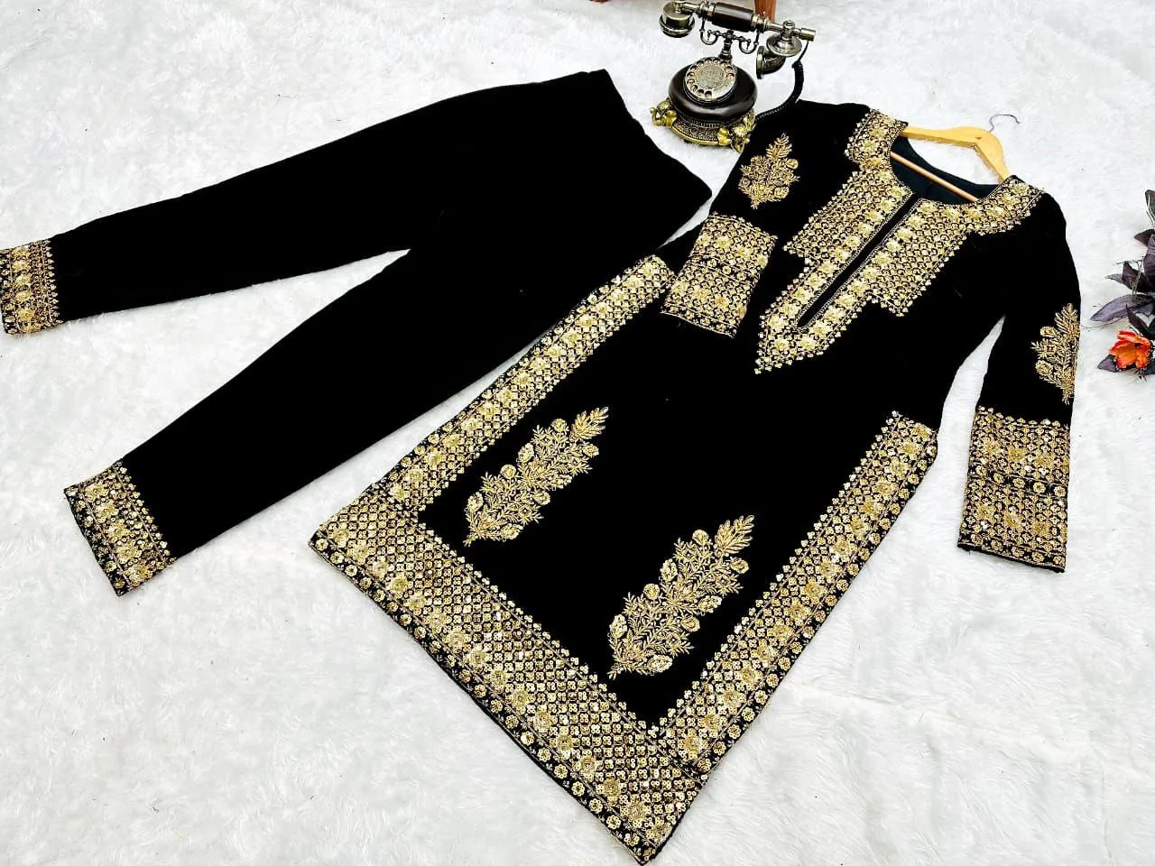 Black Salwar Suit in Velvet with Embroidery and Sequence Work