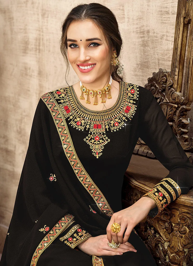 Black Traditional Embroidered Pant Style Suit