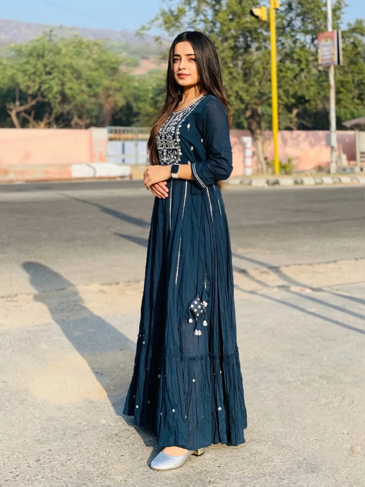 Blue Mirror Work Ethnic Gown
