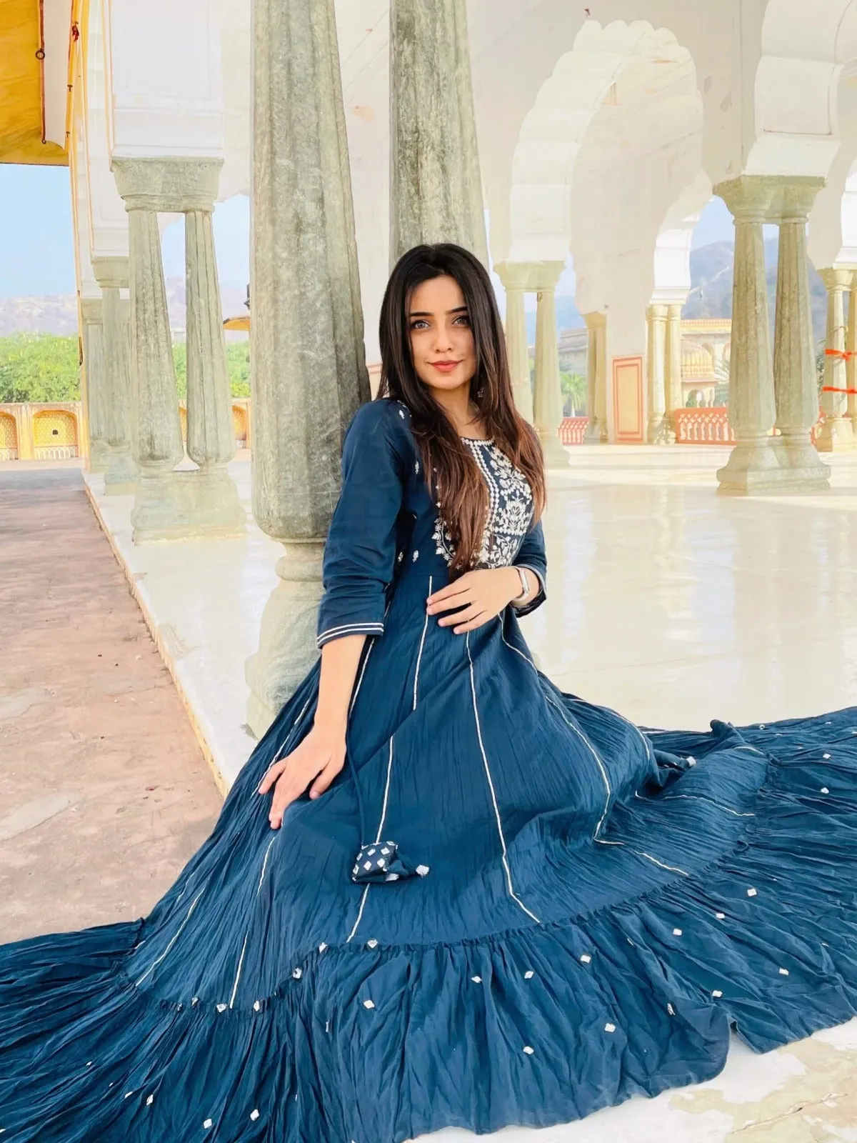 Blue Mirror Work Ethnic Gown