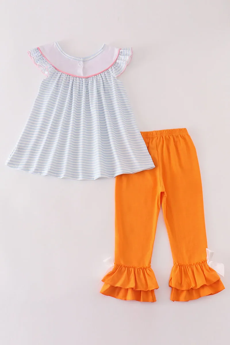 Blue stripe pumpkin french knot girl set