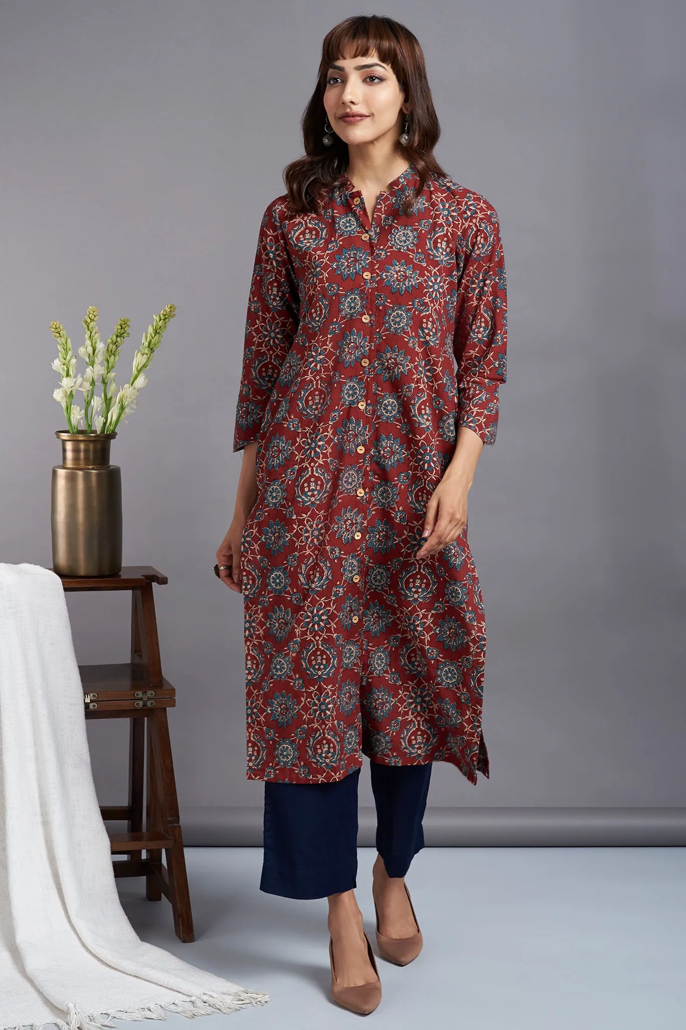 button down round collar kurta - madder magic & mughal motif