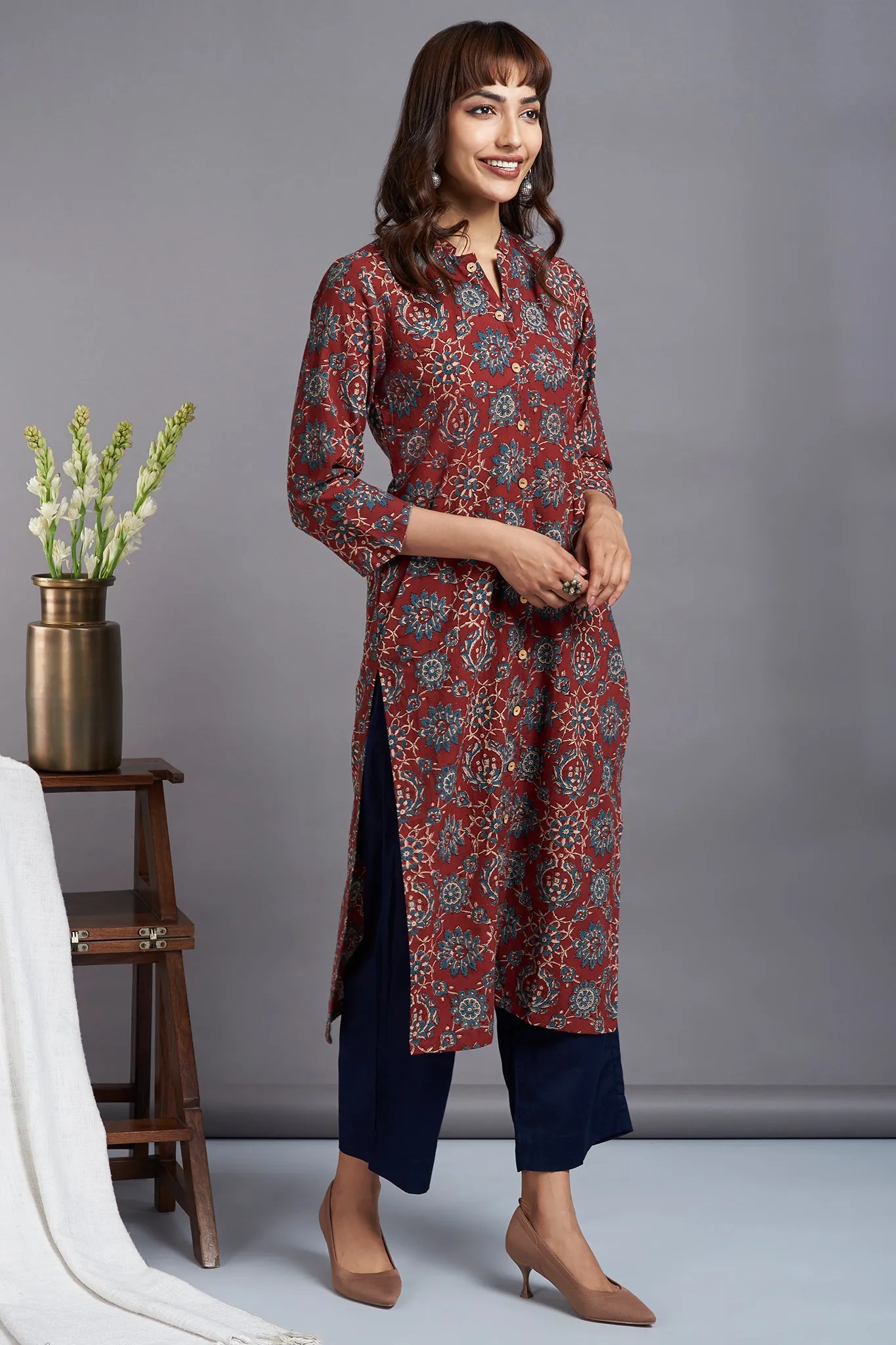 button down round collar kurta - madder magic & mughal motif