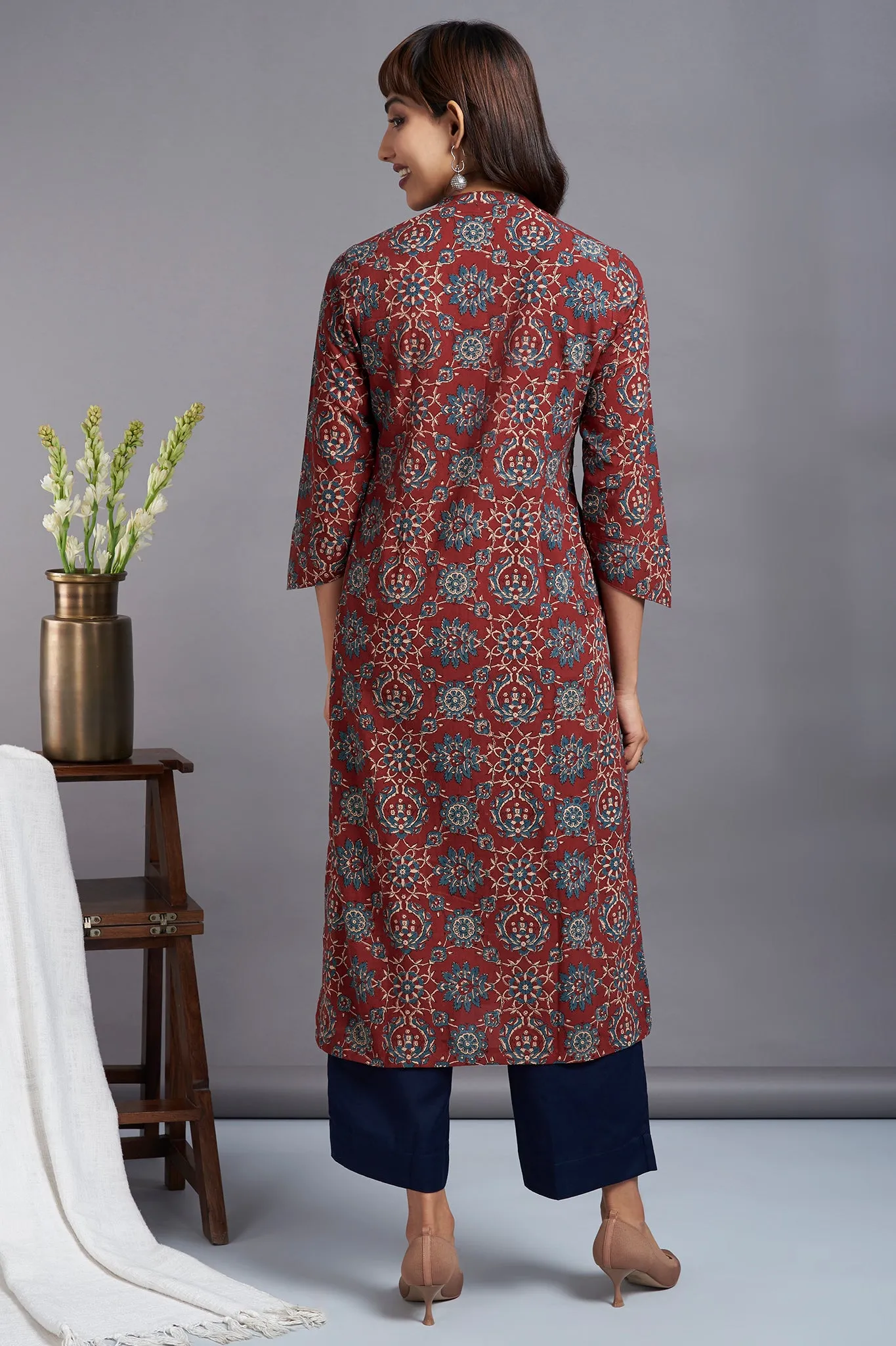 button down round collar kurta - madder magic & mughal motif