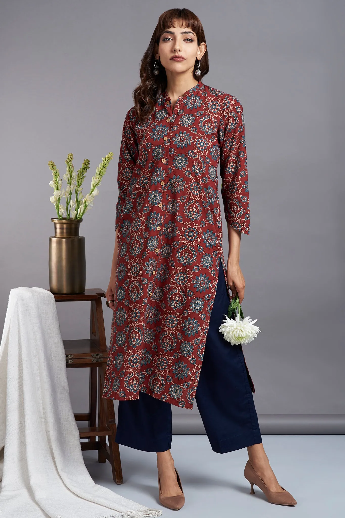 button down round collar kurta - madder magic & mughal motif