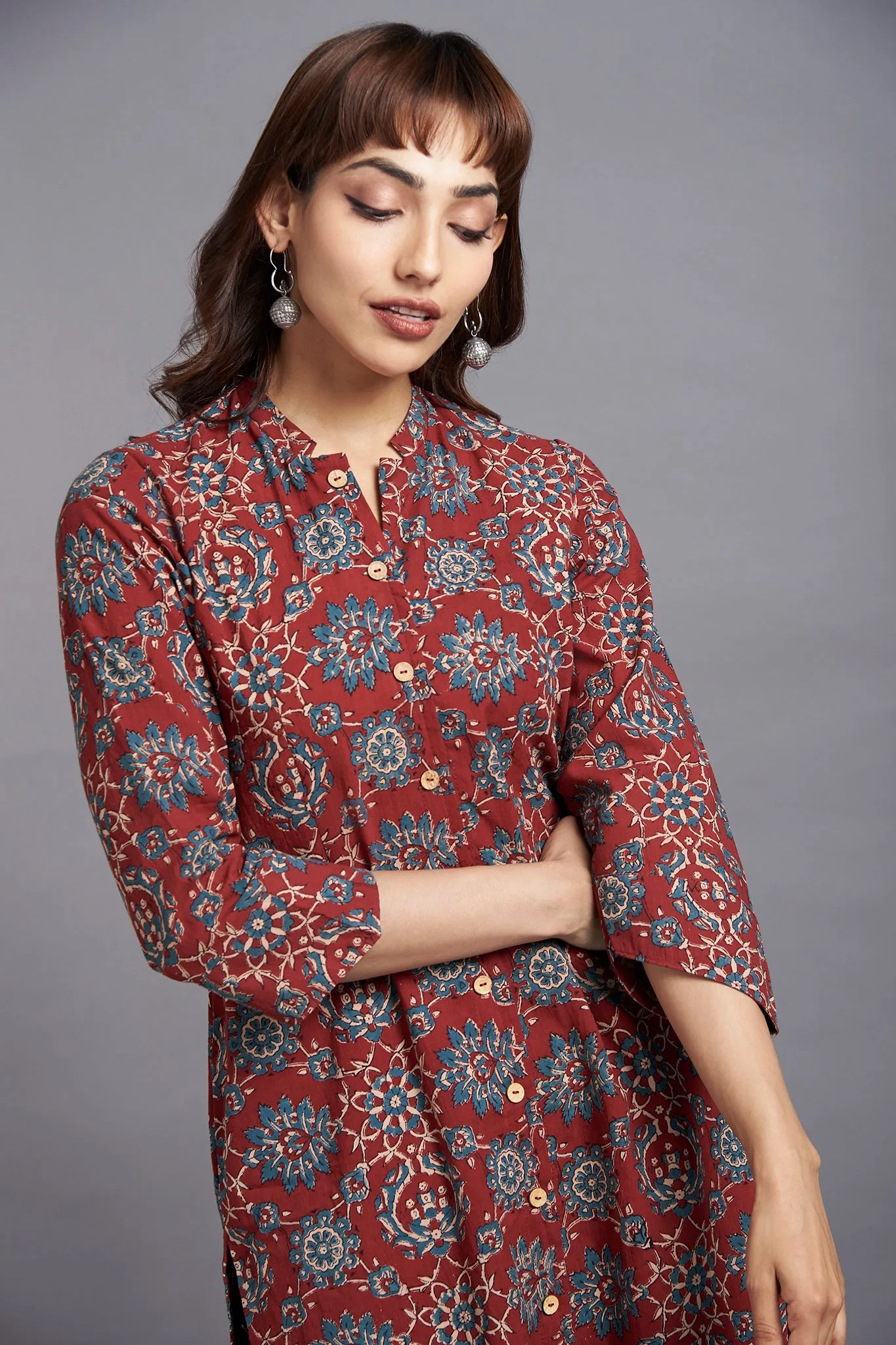 button down round collar kurta - madder magic & mughal motif