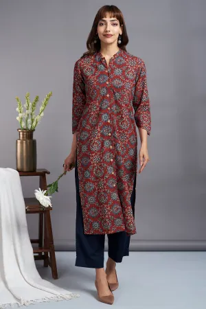 button down round collar kurta - madder magic & mughal motif
