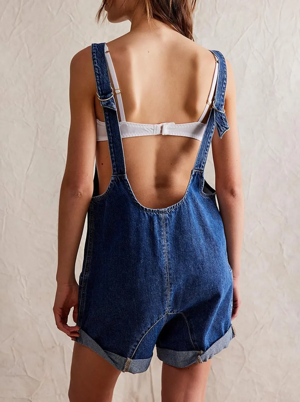 CHARTOU Women Casual Denim Short Overalls Rolled Cuff Barrel Shorts Jumpsuit Rompers