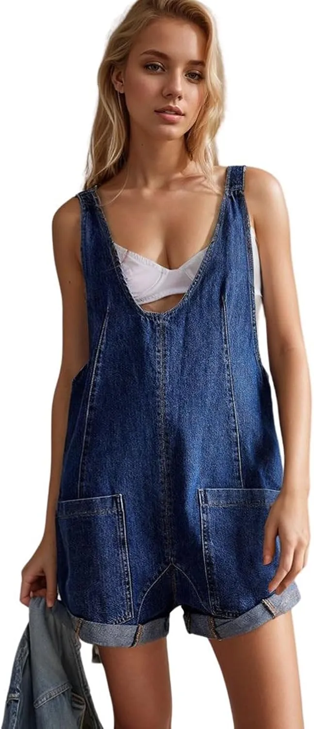 CHARTOU Women Casual Denim Short Overalls Rolled Cuff Barrel Shorts Jumpsuit Rompers