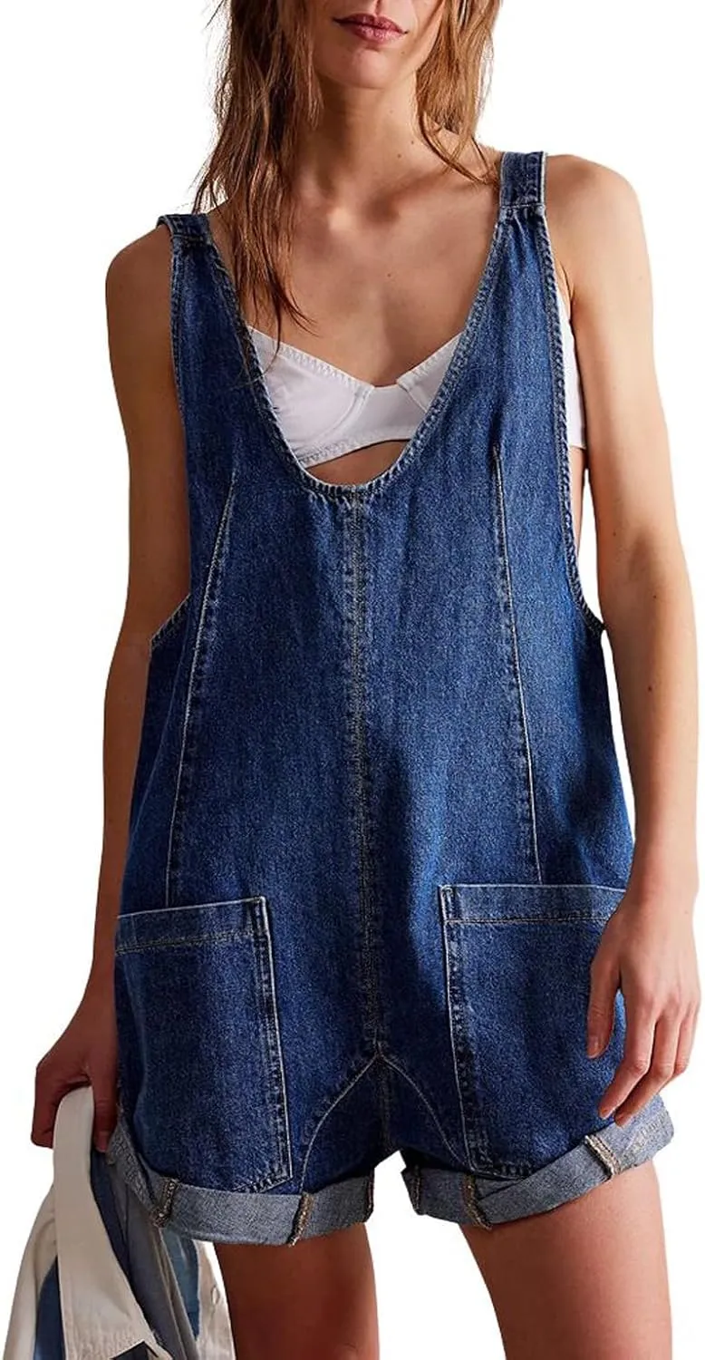 CHARTOU Women Casual Denim Short Overalls Rolled Cuff Barrel Shorts Jumpsuit Rompers