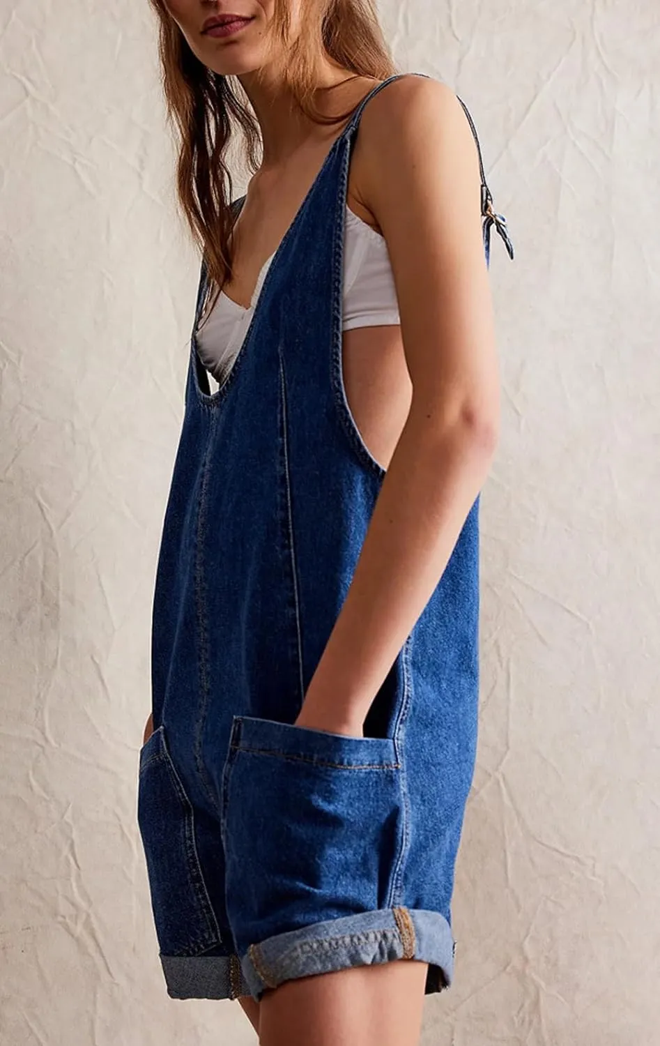 CHARTOU Women Casual Denim Short Overalls Rolled Cuff Barrel Shorts Jumpsuit Rompers