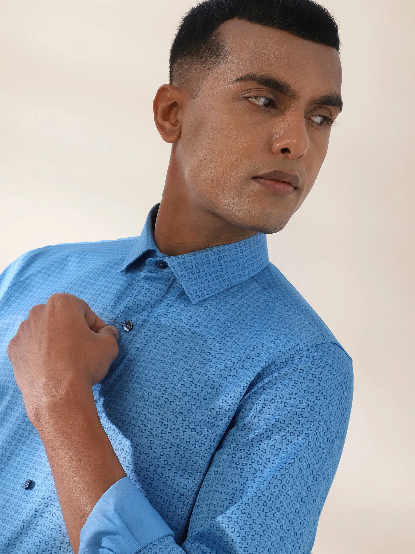 Cotton Blue Printed Full Sleeve Formal Shirt