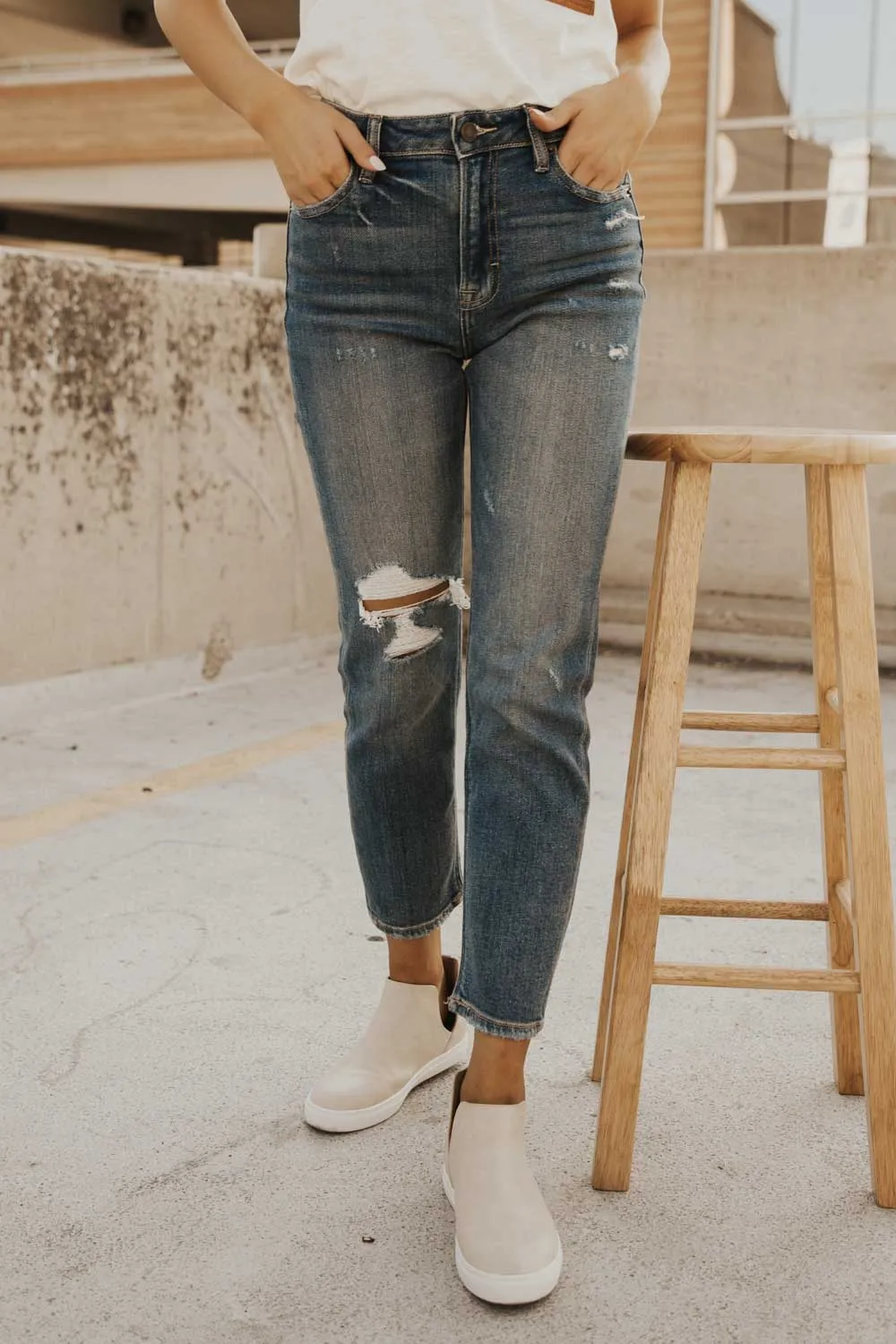 Dark Wash Distressed Mom Jeans