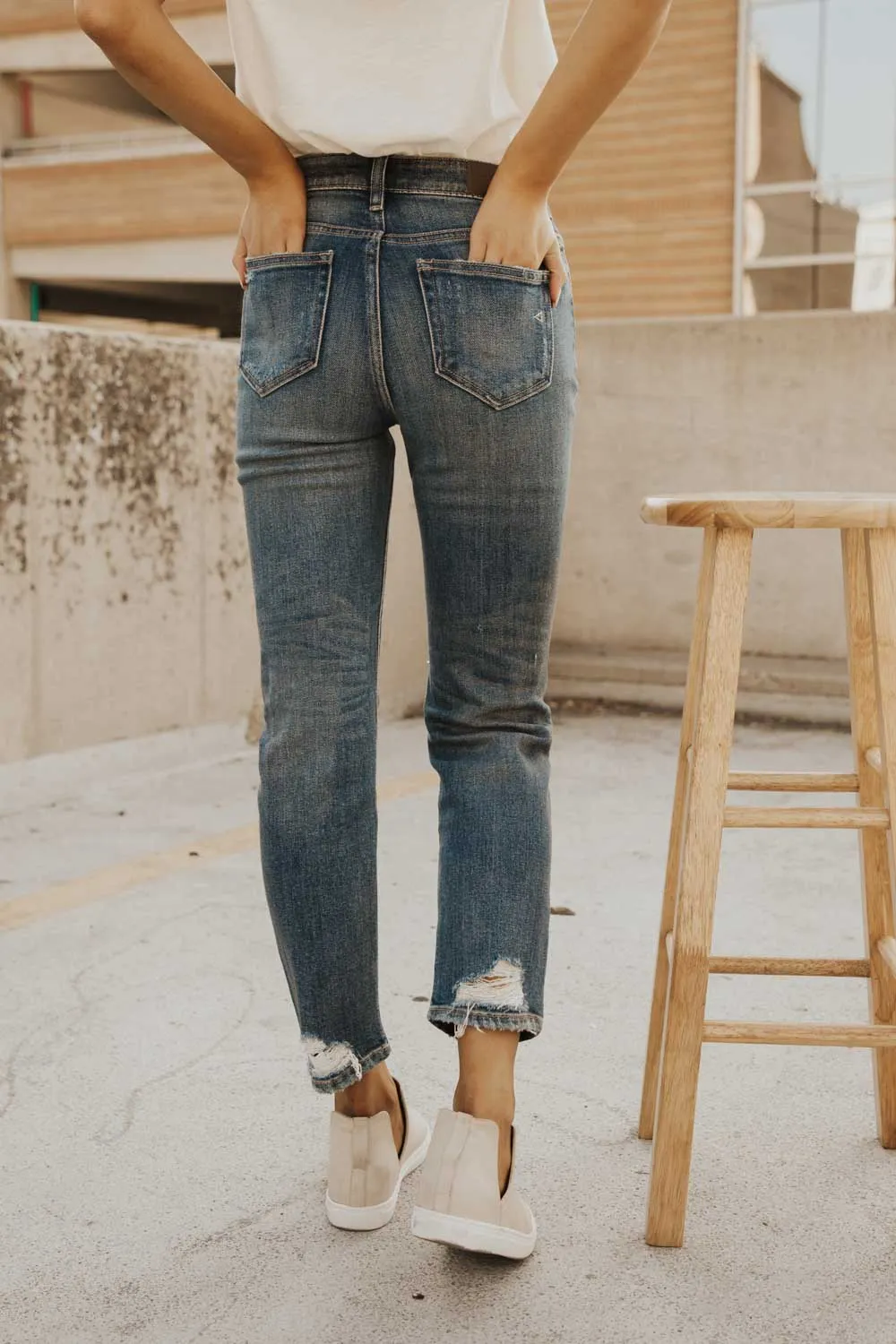 Dark Wash Distressed Mom Jeans