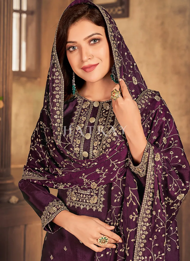 Deep Wine Golden Embroidered Traditional Pant Suit