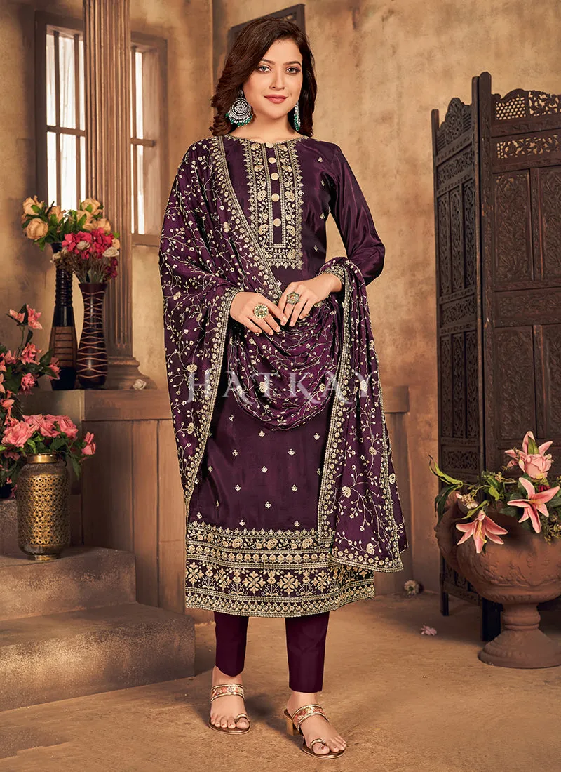 Deep Wine Golden Embroidered Traditional Pant Suit