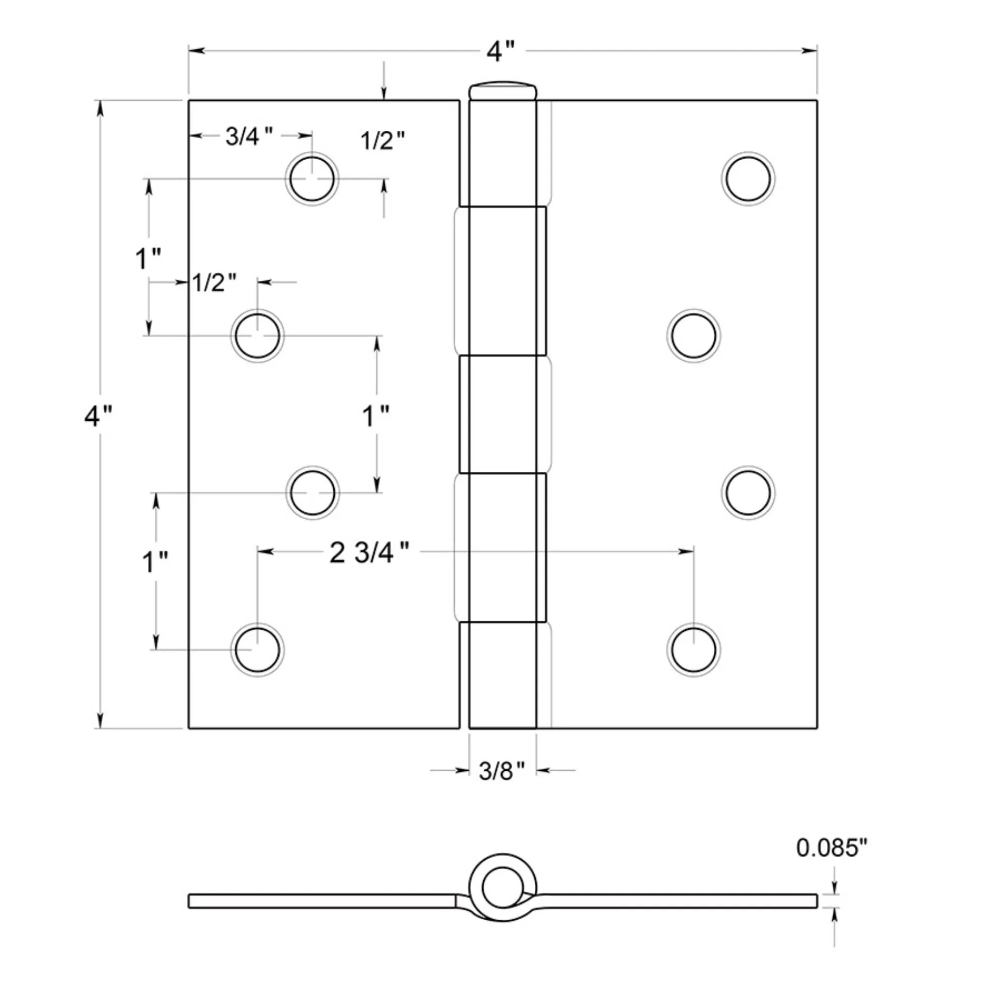 Door Hinge, Matte Black 4" with Square Corners