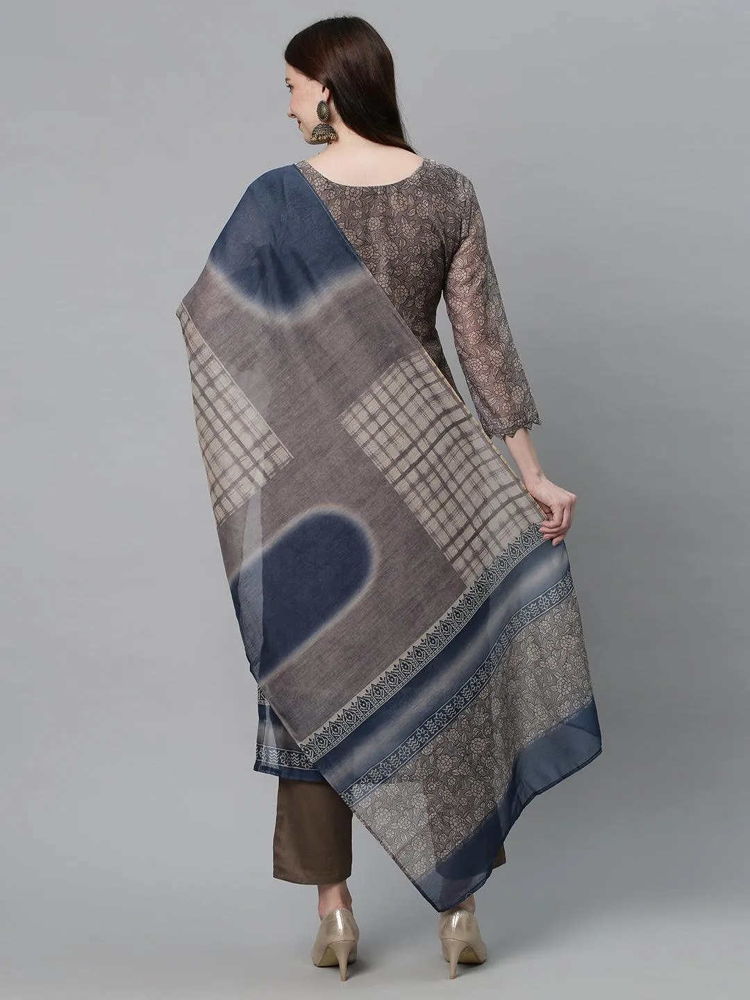Ethnic Printed & Hand Embroidered Kurta with Pants & Dupatta - Mouse Gray