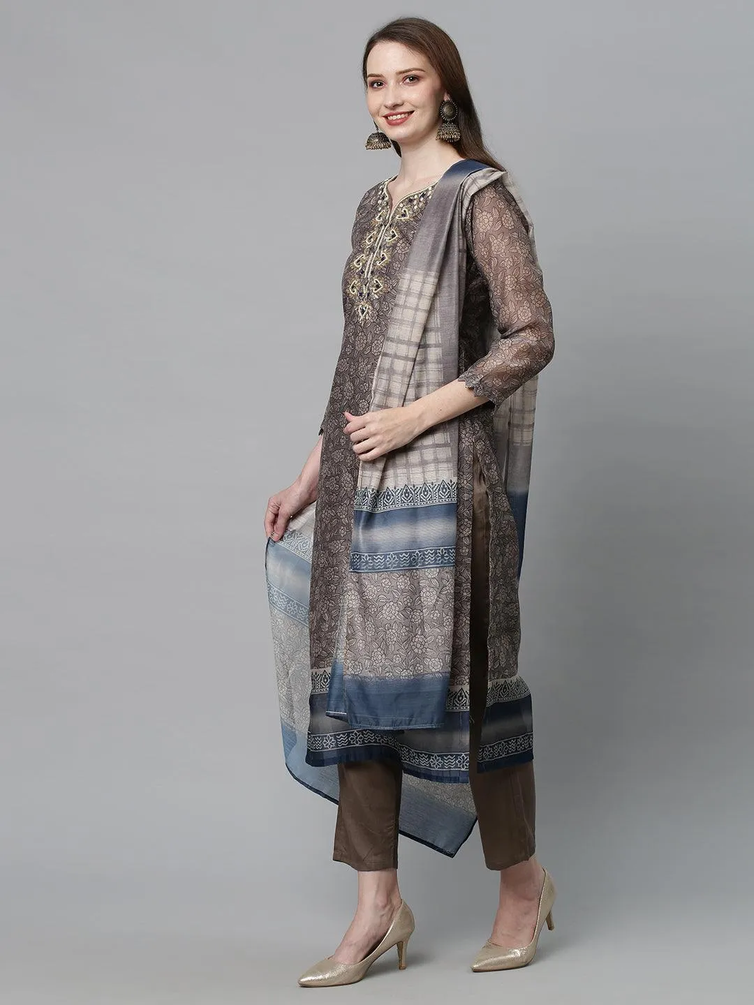 Ethnic Printed & Hand Embroidered Kurta with Pants & Dupatta - Mouse Gray