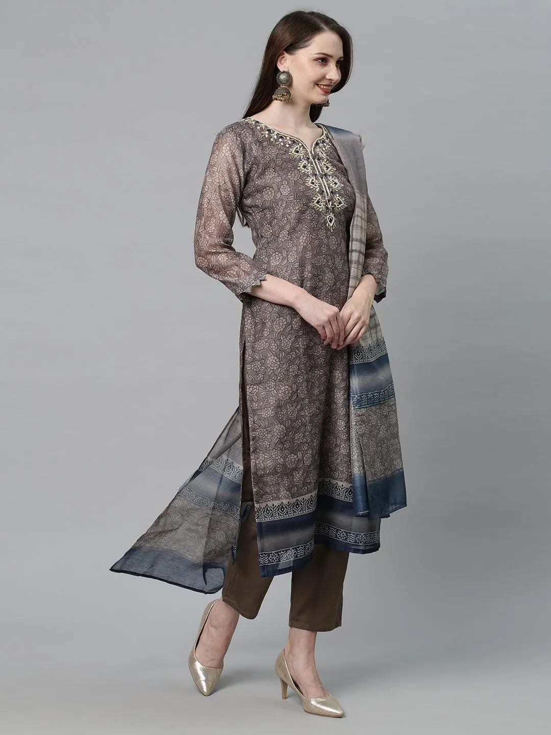 Ethnic Printed & Hand Embroidered Kurta with Pants & Dupatta - Mouse Gray