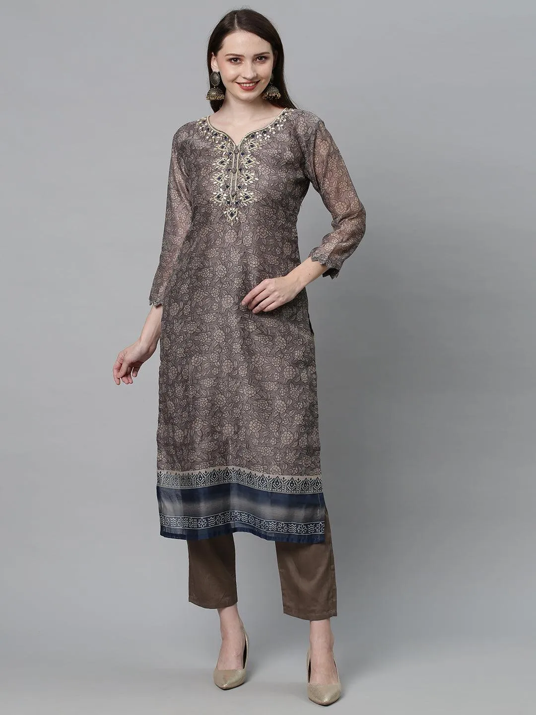 Ethnic Printed & Hand Embroidered Kurta with Pants & Dupatta - Mouse Gray