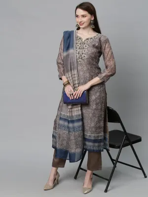 Ethnic Printed & Hand Embroidered Kurta with Pants & Dupatta - Mouse Gray