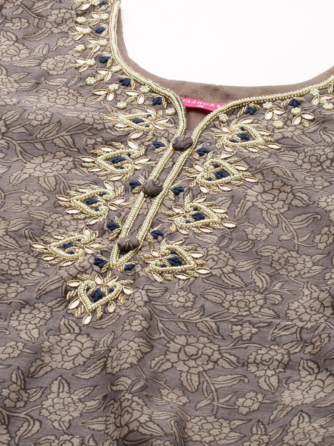 Ethnic Printed & Hand Embroidered Kurta with Pants & Dupatta - Mouse Gray
