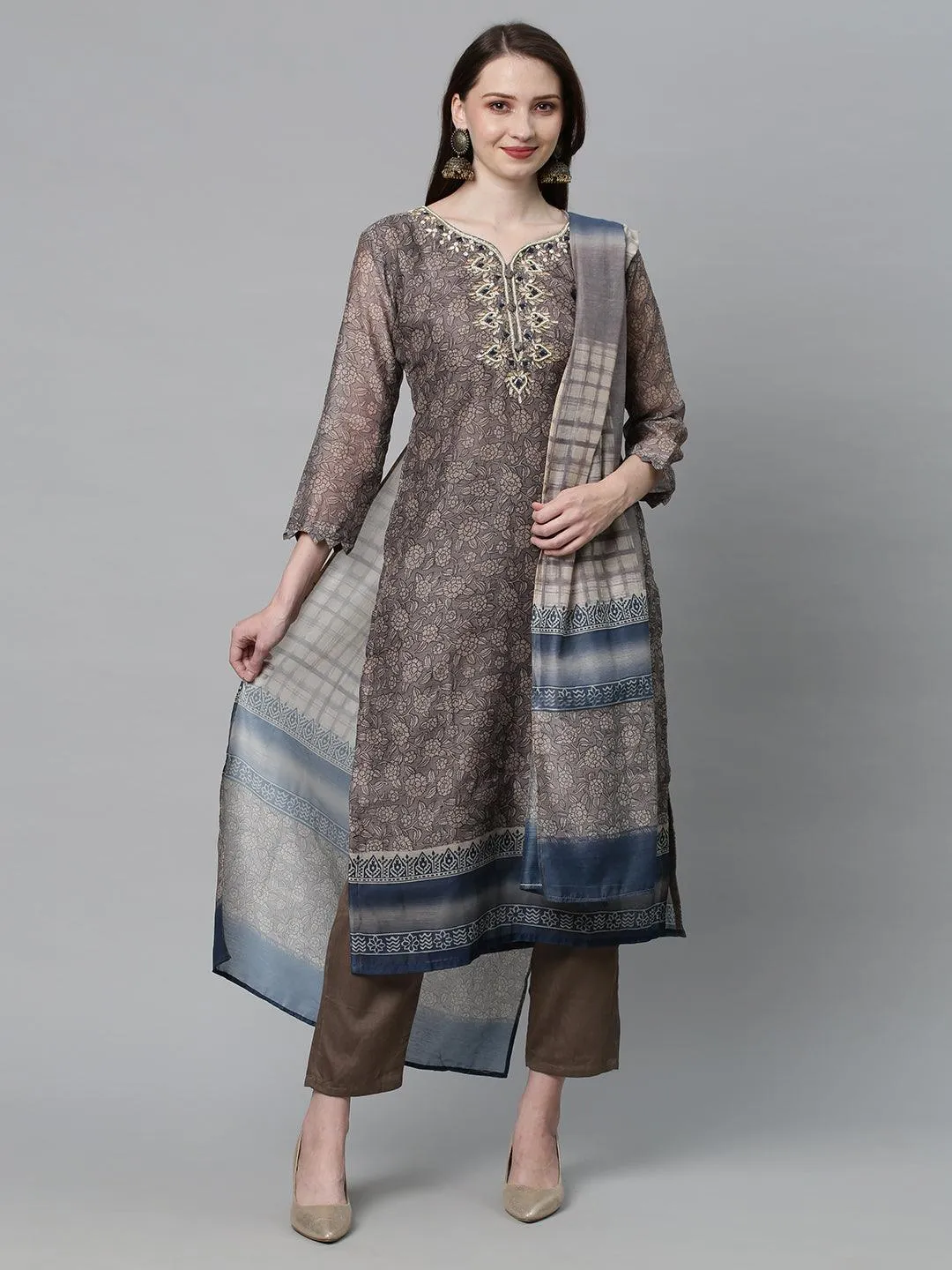 Ethnic Printed & Hand Embroidered Kurta with Pants & Dupatta - Mouse Gray