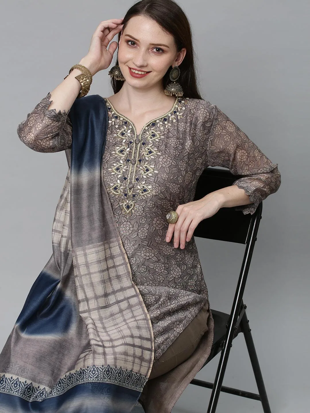Ethnic Printed & Hand Embroidered Kurta with Pants & Dupatta - Mouse Gray