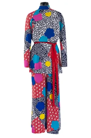 Fantastic 1970s Hanae Mori Bright Floral Print Jersey Pant & Top Set w Signed Belt